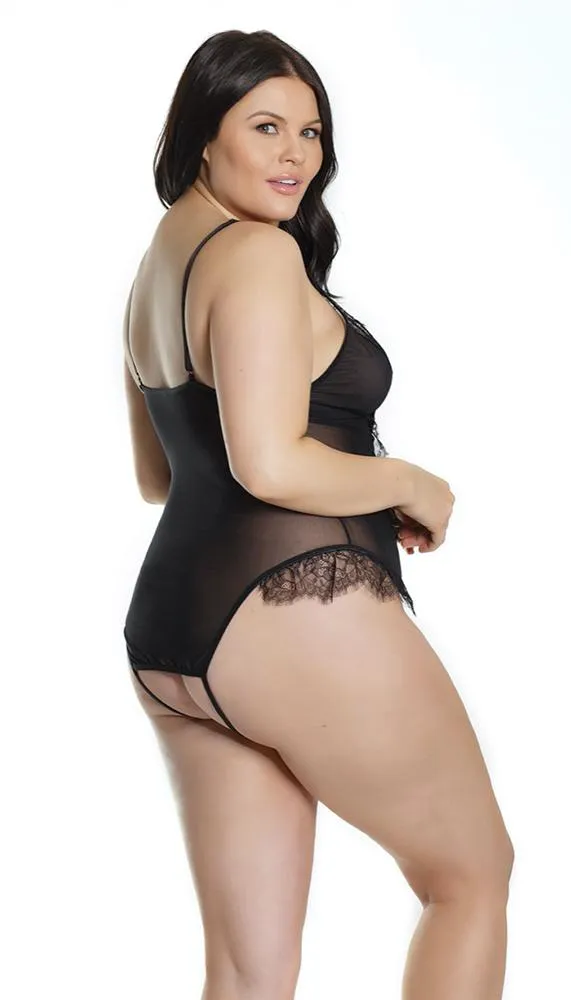 Black Lace & Mesh Crotchless Teddy