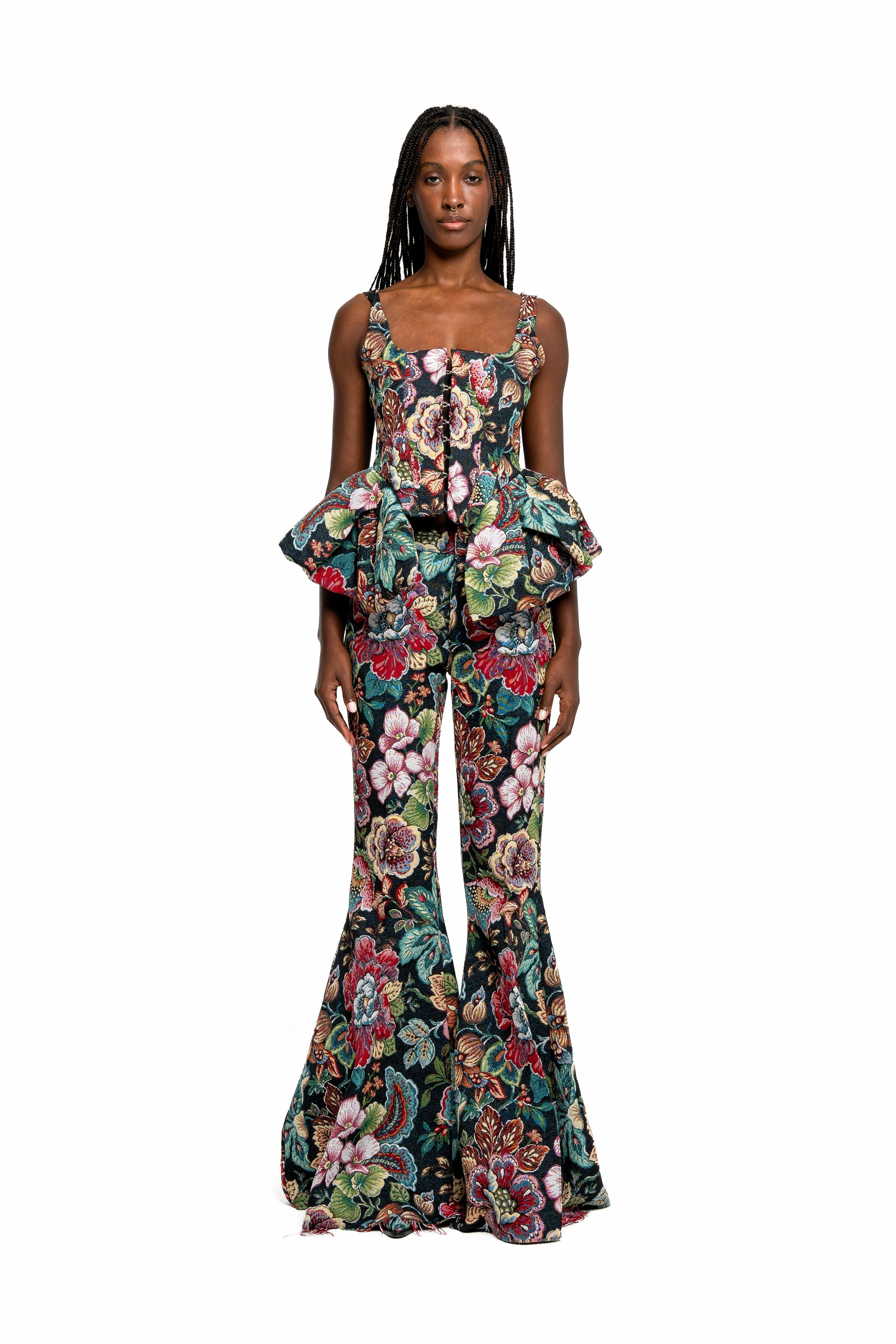 BLACK BROCADE CORSET WITH FRONT HOOK & EYE CLOSURE