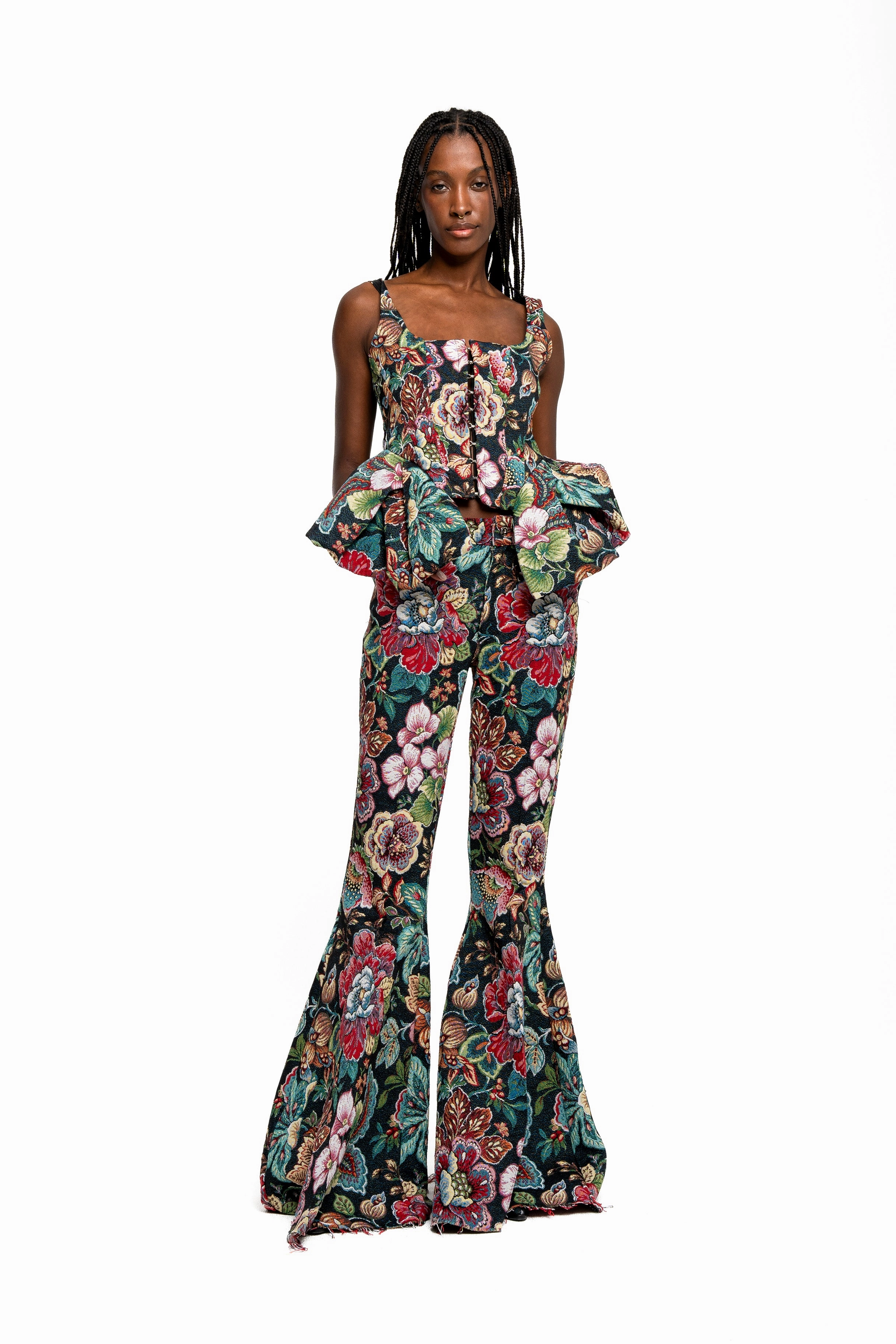 BLACK BROCADE CORSET WITH FRONT HOOK & EYE CLOSURE
