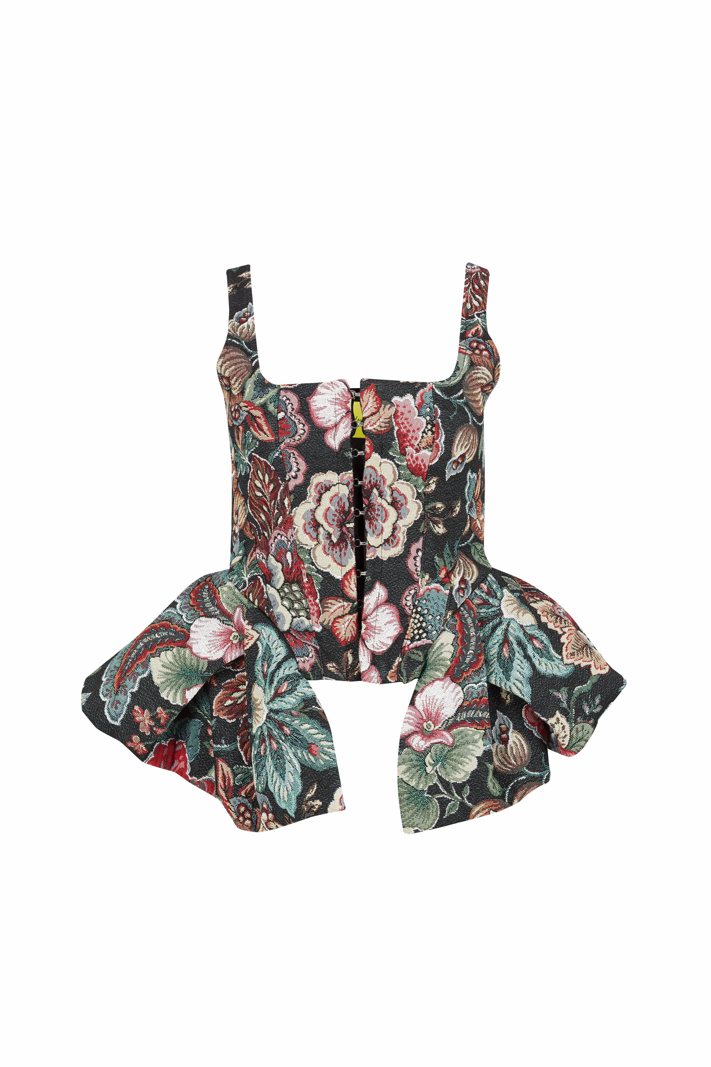 BLACK BROCADE CORSET WITH FRONT HOOK & EYE CLOSURE