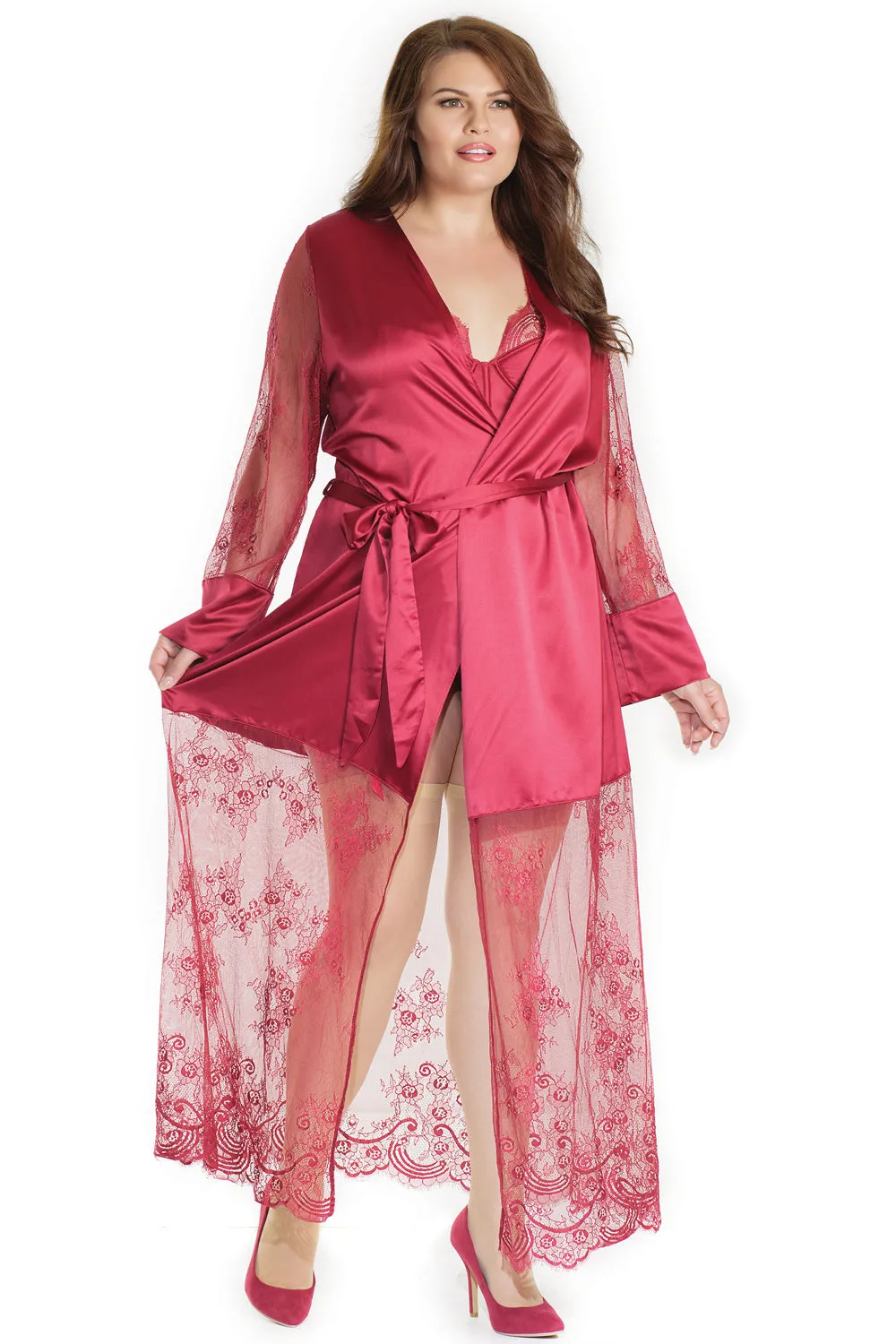 Coquette Diva Glamour Satin Eyelash Lace Merlot Red Long Robe