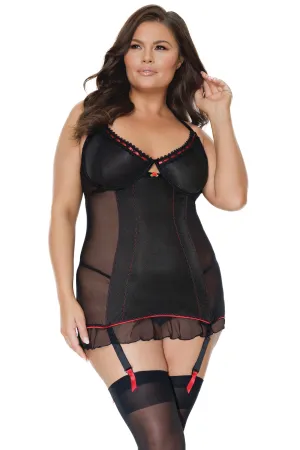 Coquette Plus Stretch Knit Ruffle Hem Ribbon Gartered Chemise Black