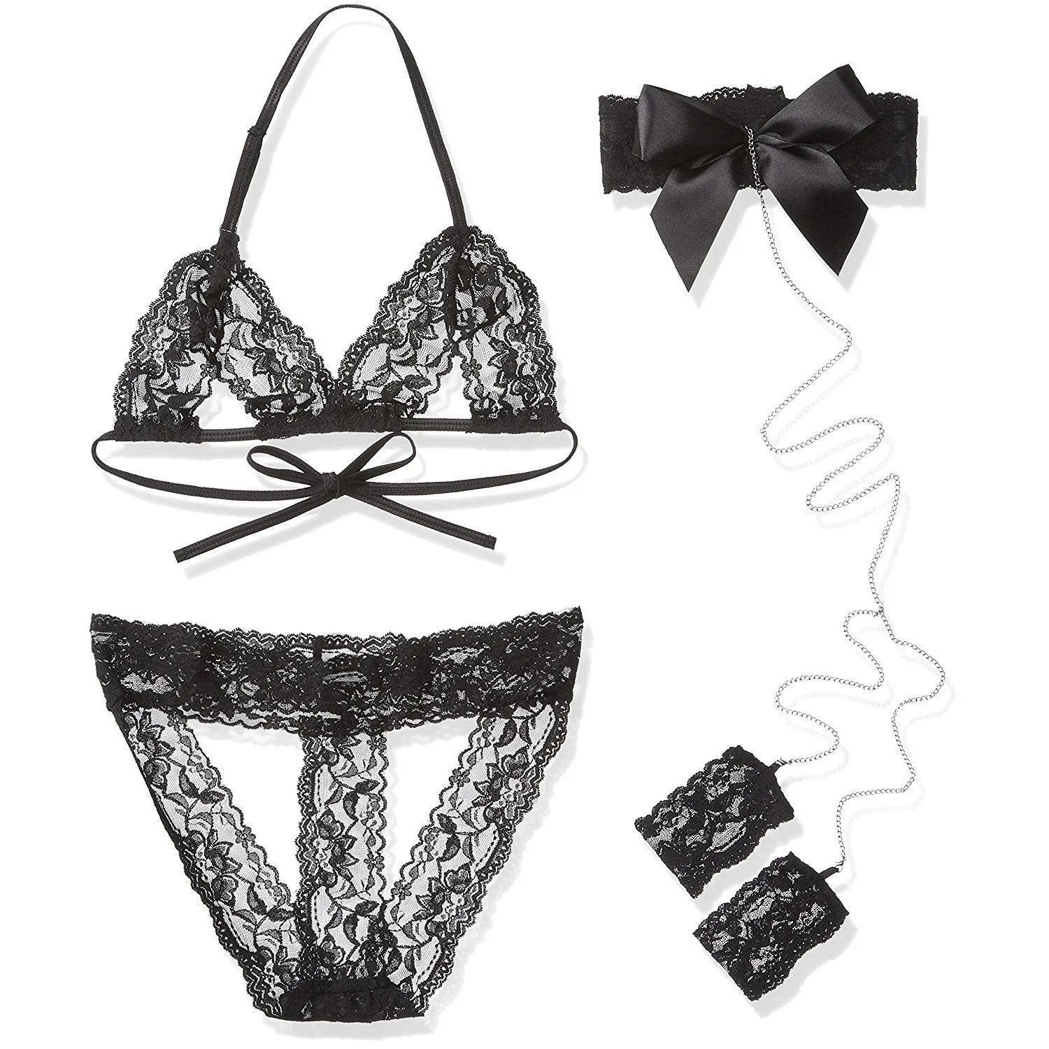 Erox - Lacy Slave Open Bra & O Back Panties (Black)