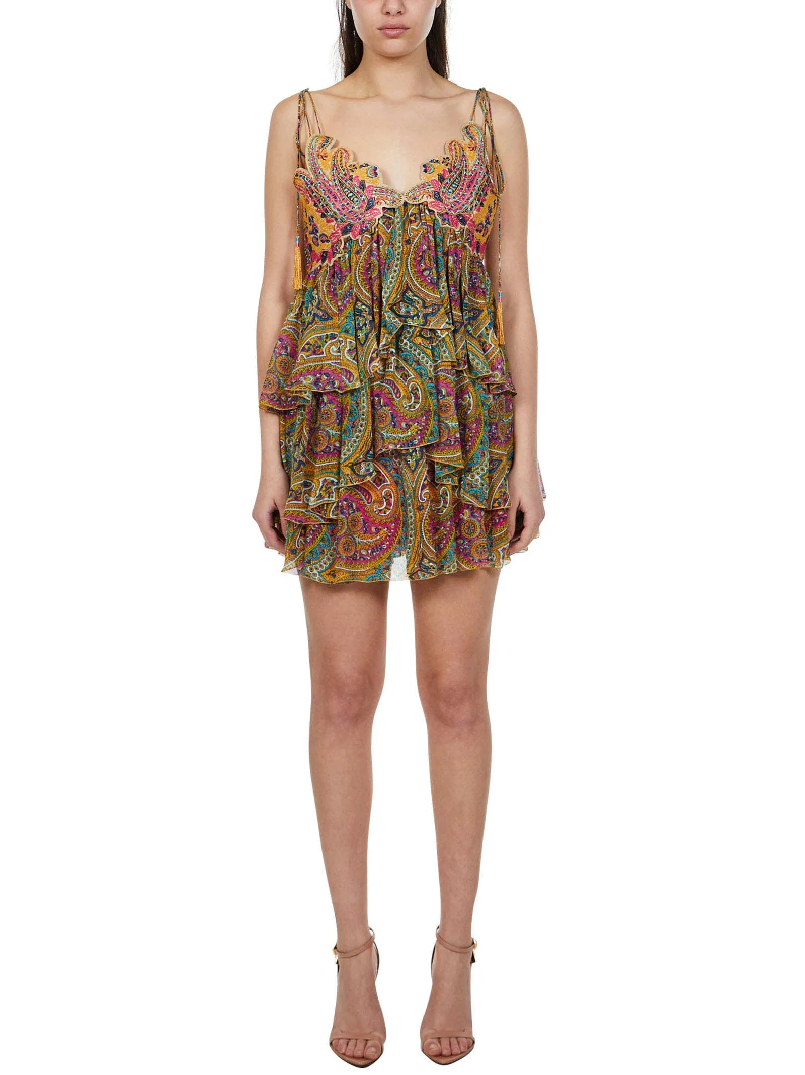 Etro Motif Print V-Neck Tiered Mini Dress