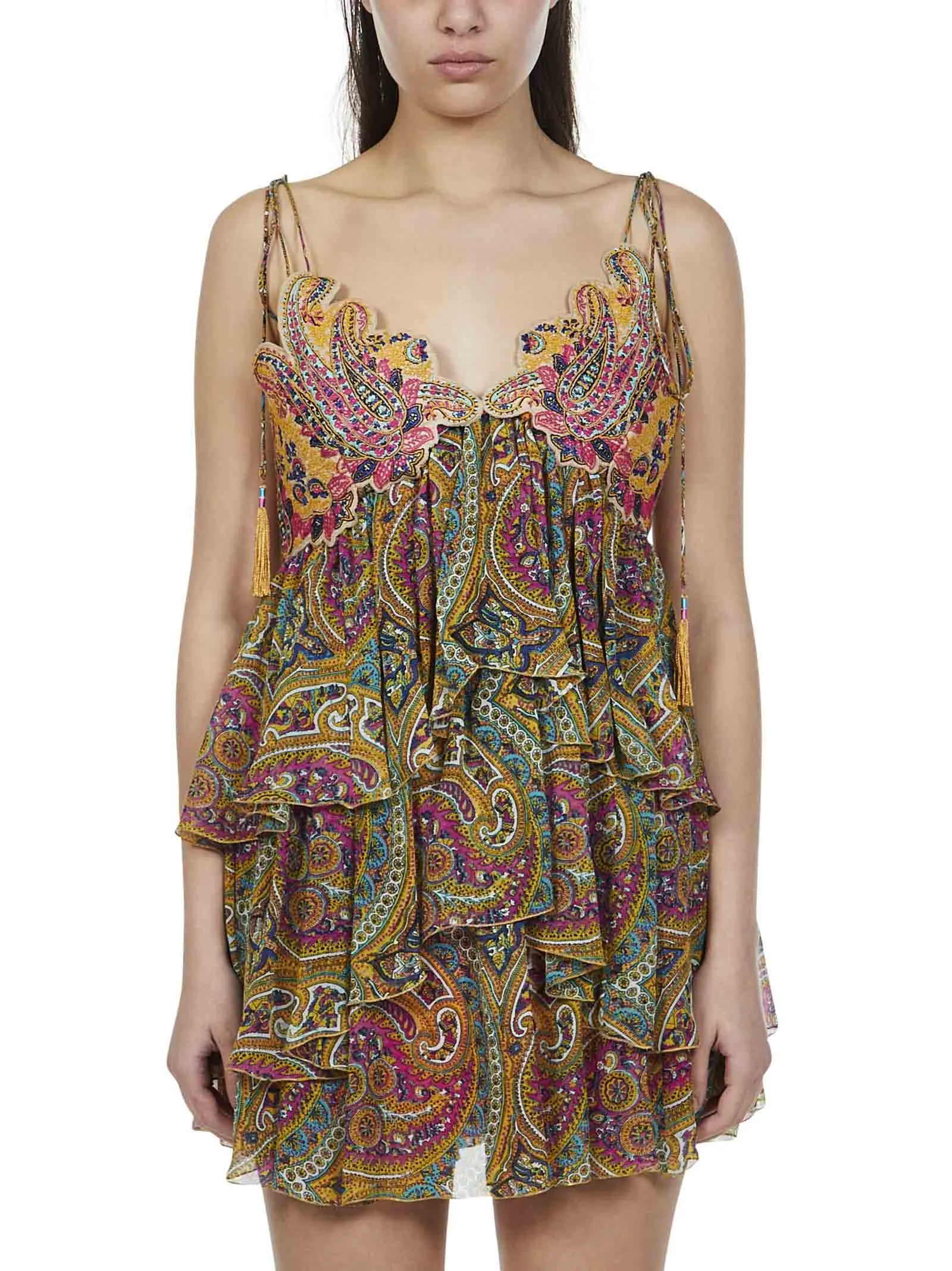Etro Motif Print V-Neck Tiered Mini Dress