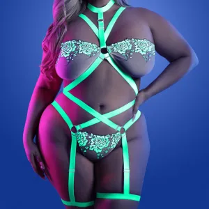 Fantasy Lingerie Glow Night Vision Gartered Cage Strap Teddy - Curvy