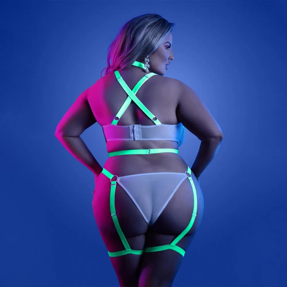 Fantasy Lingerie Glow Night Vision Gartered Cage Strap Teddy - Curvy