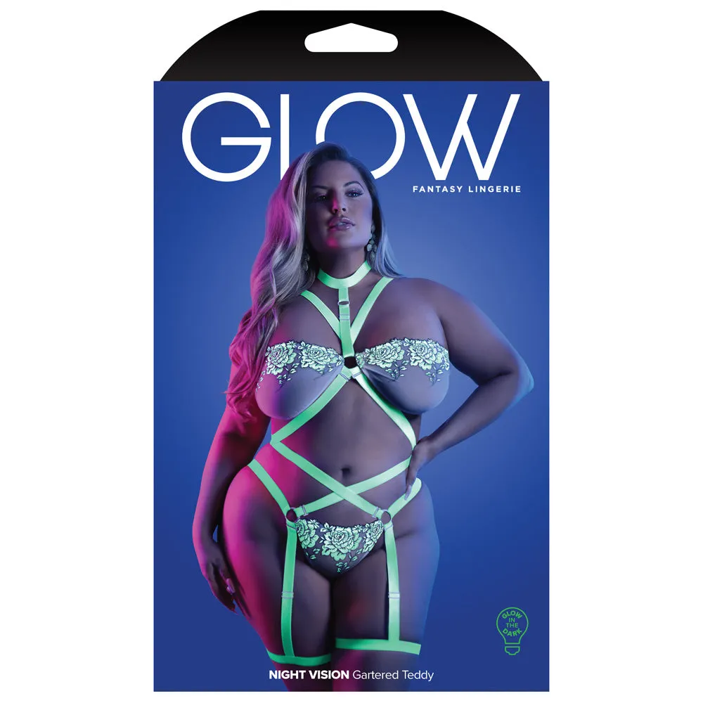 Fantasy Lingerie Glow Night Vision Gartered Cage Strap Teddy - Curvy