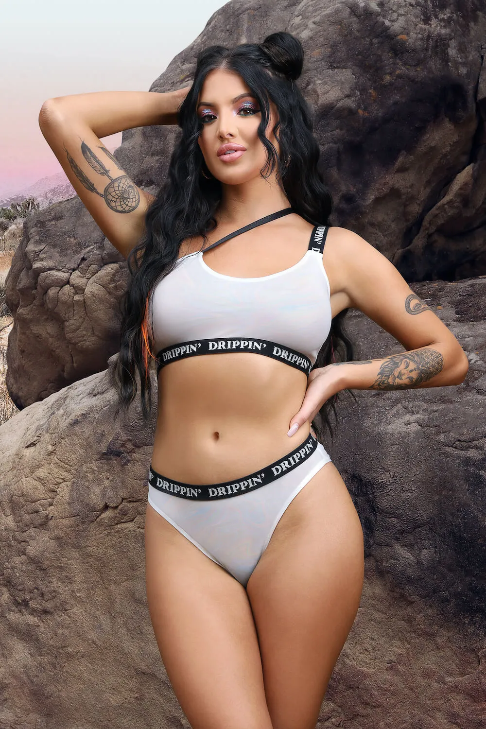 Fantasy Vibes Drippin' One-Shoulder Crop Top Bra & Cheeky Panty Set
