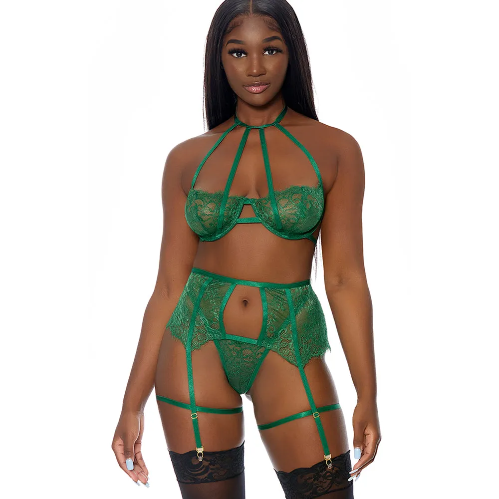 Forplay In Full Bloom Green Cage Strap & Lace Lingerie Set