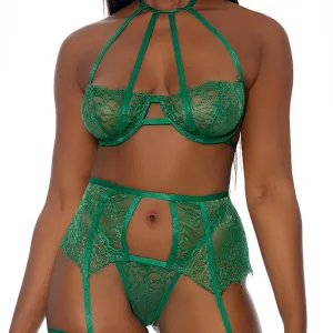 Forplay In Full Bloom Green Cage Strap & Lace Lingerie Set