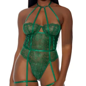 Forplay Watch Her Bloom Green Cage Strap & Lace Gartered Teddy