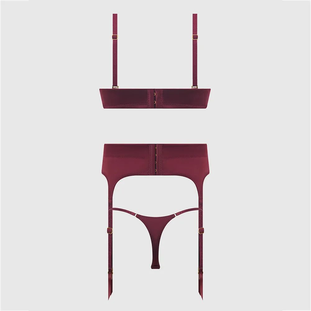 House of Desire Brigeta Satin Plunge Bra, Garter & Thong Set