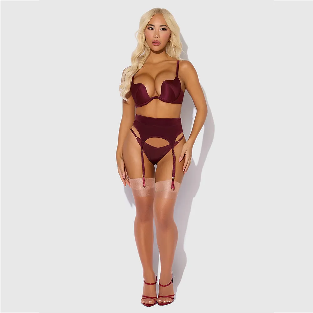 House of Desire Brigeta Satin Plunge Bra, Garter & Thong Set