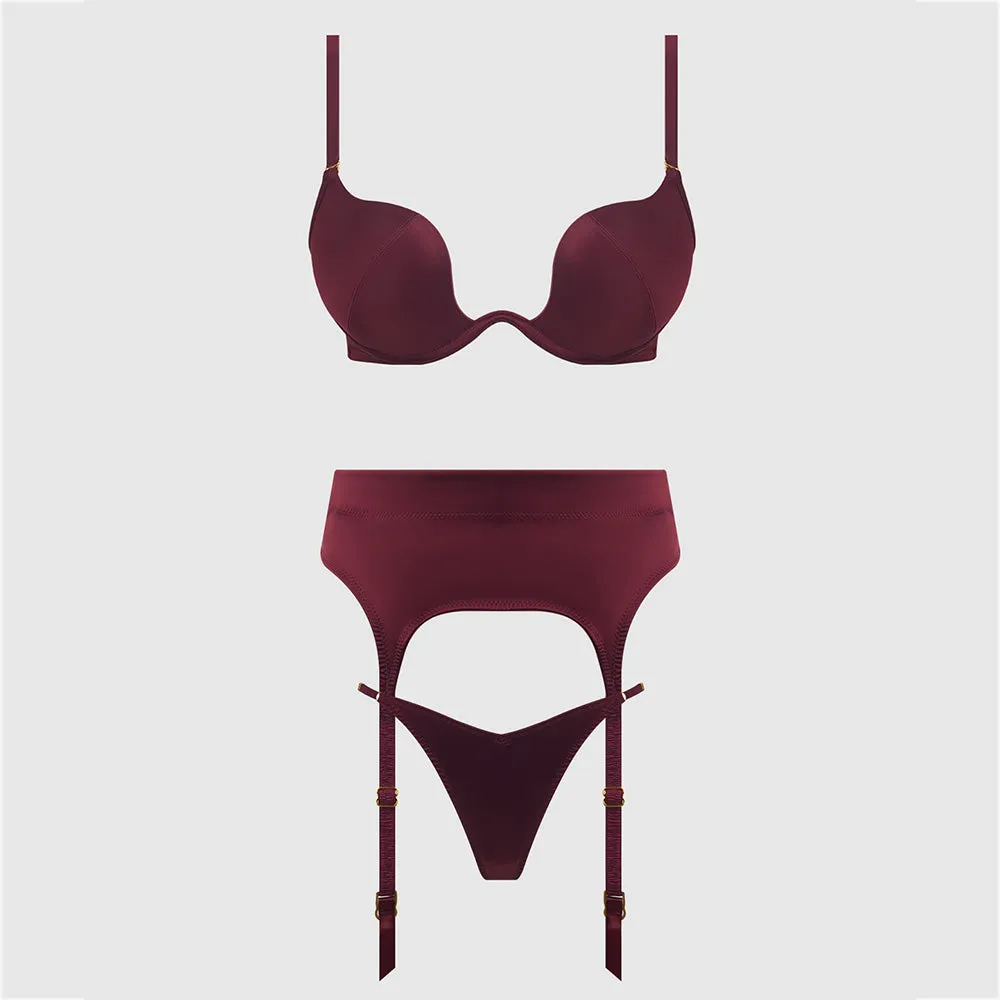 House of Desire Brigeta Satin Plunge Bra, Garter & Thong Set