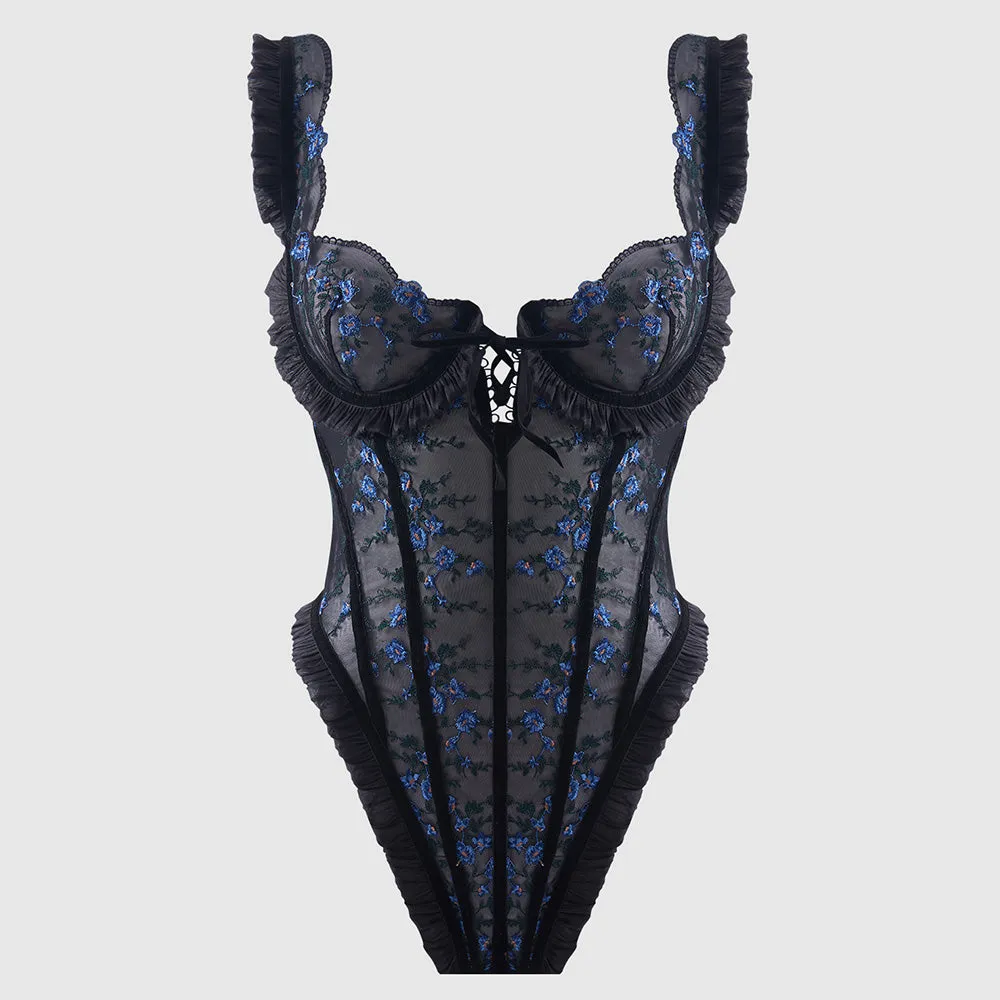 House of Desire Harper Floral Embroidery Ruffle Mesh Teddy