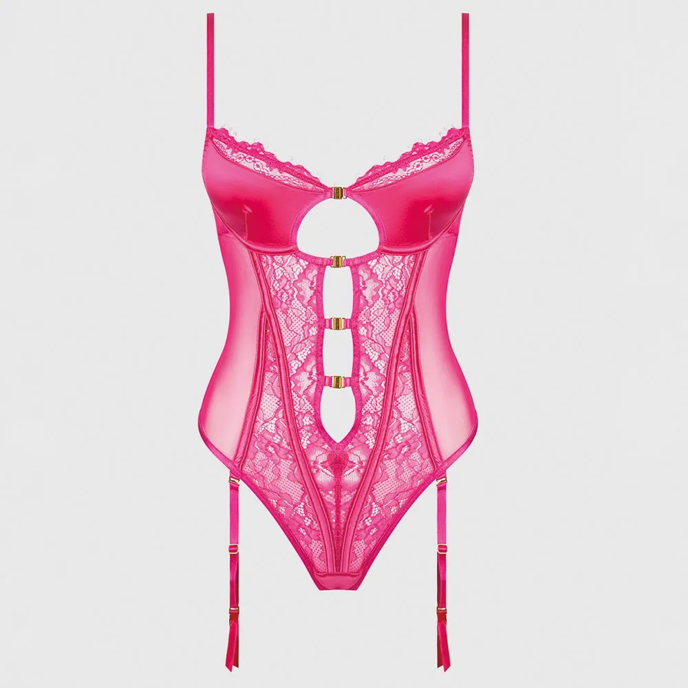 House of Desire Issadora Satin & Lace Front-Clasp Garter Teddy