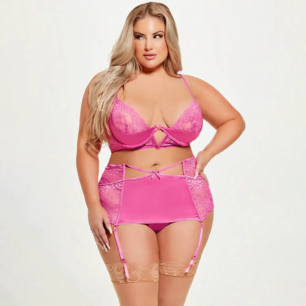 House of Desire Natasha Lace & Satin Bra, Garter Skirt & Thong - Curvy