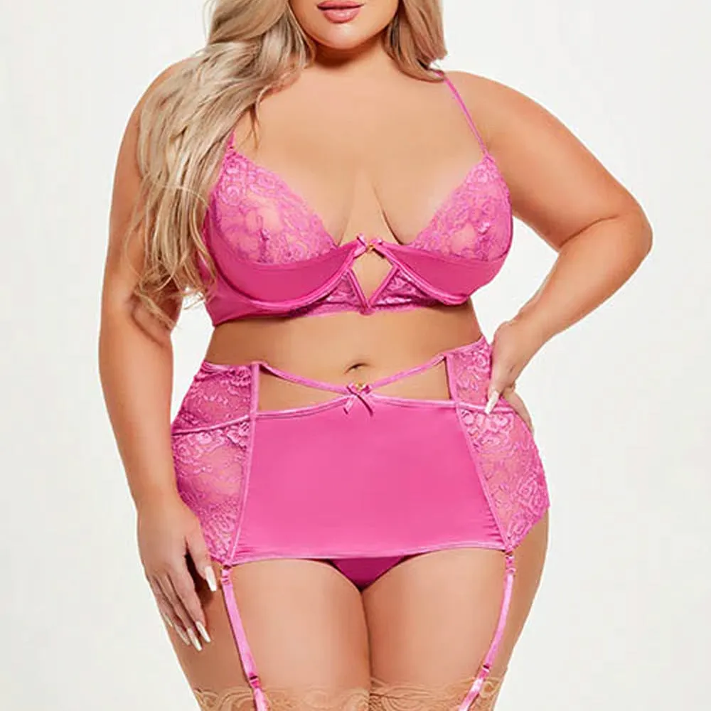 House of Desire Natasha Lace & Satin Bra, Garter Skirt & Thong - Curvy