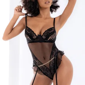 Mapale Sheer Mesh & Lace Teddy With Chain Garter Belt