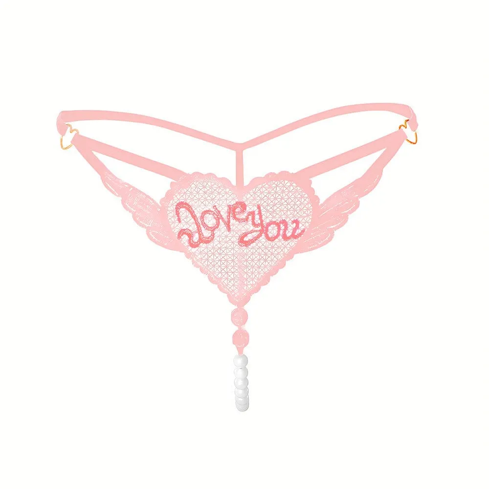 "Love You" Sexy Open Crotch Mesh Underwear With Pearls