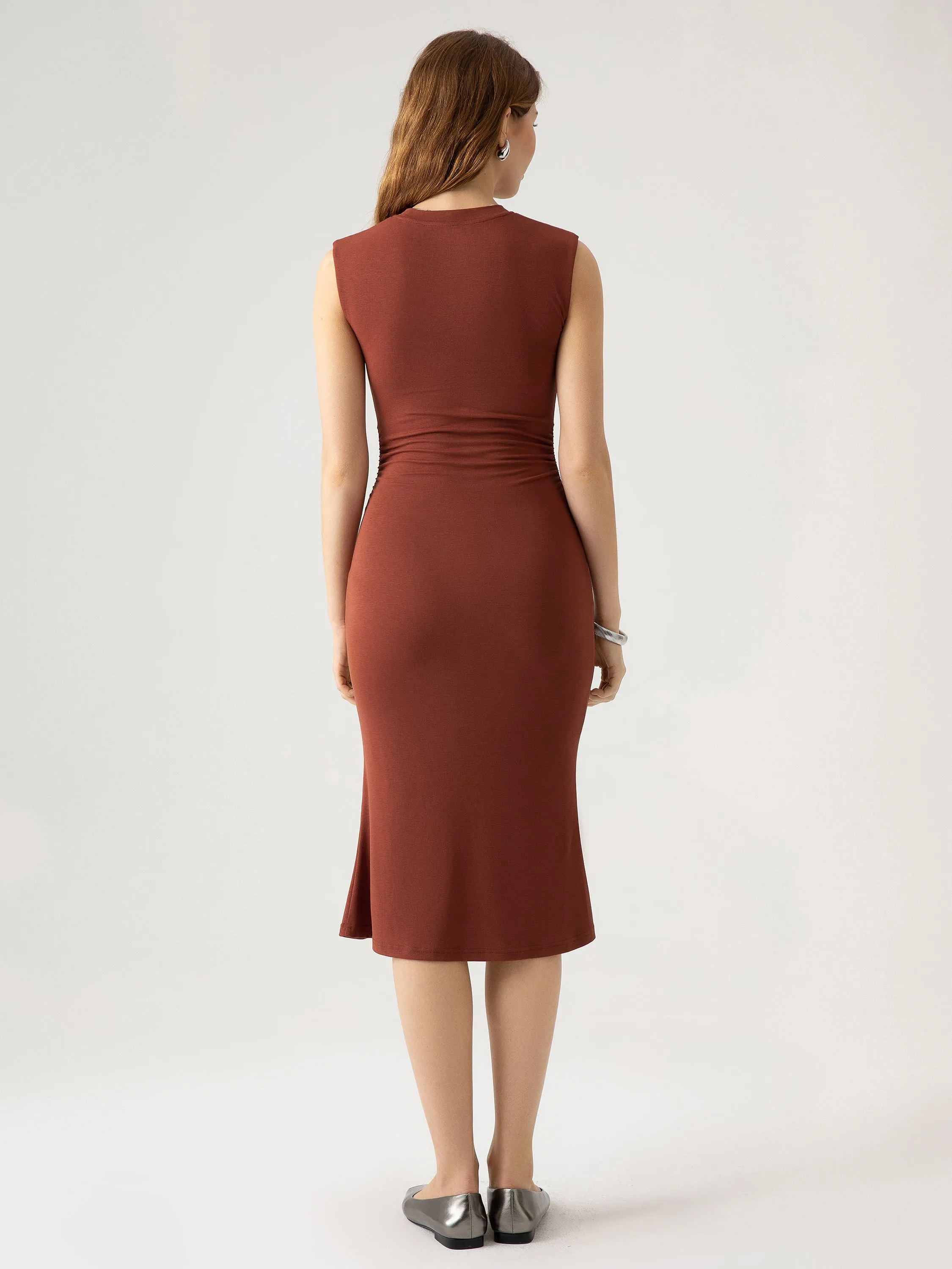Ruched Side Wide Shoulder Crew Midi Dress