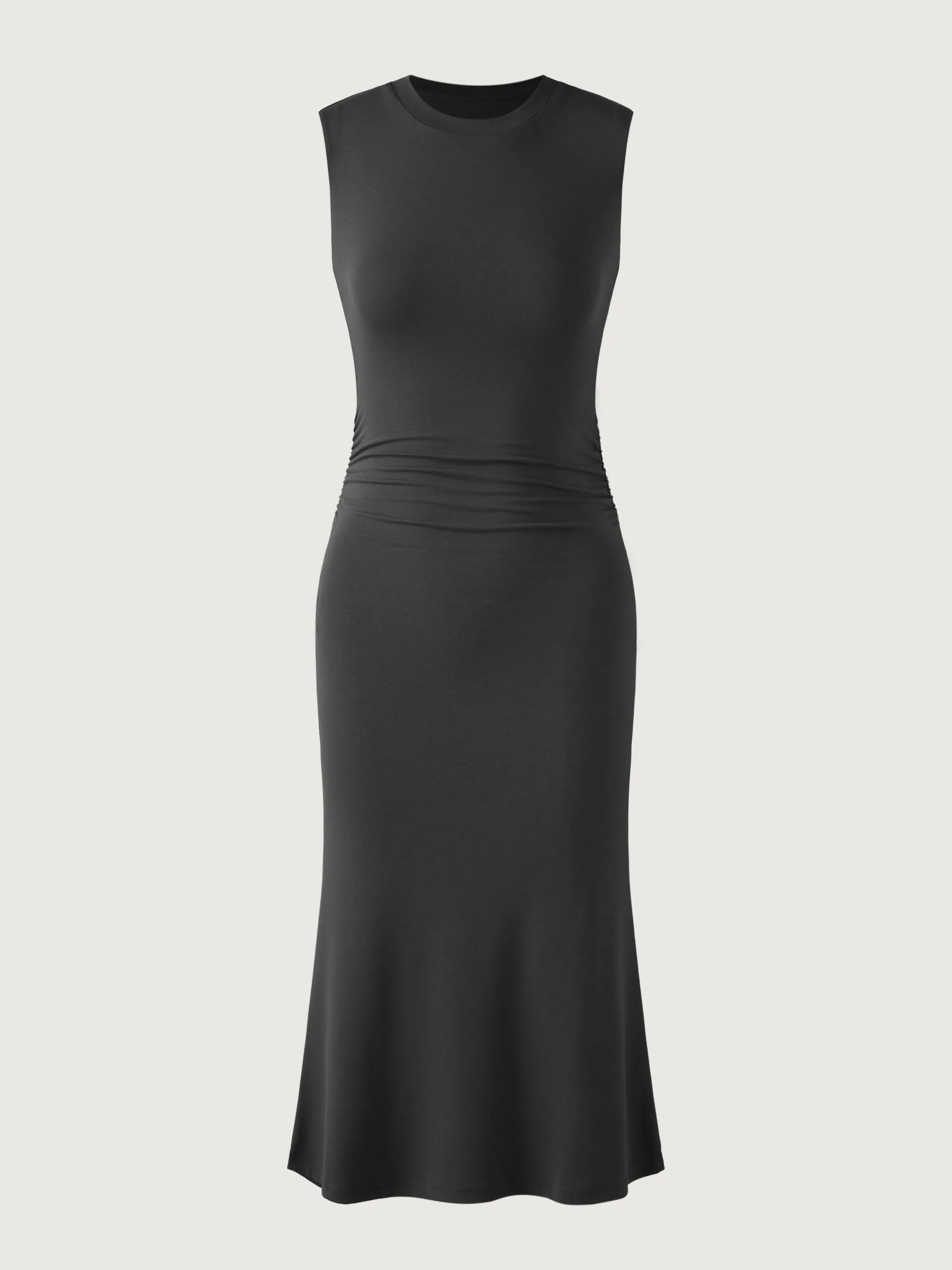 Ruched Side Wide Shoulder Crew Midi Dress
