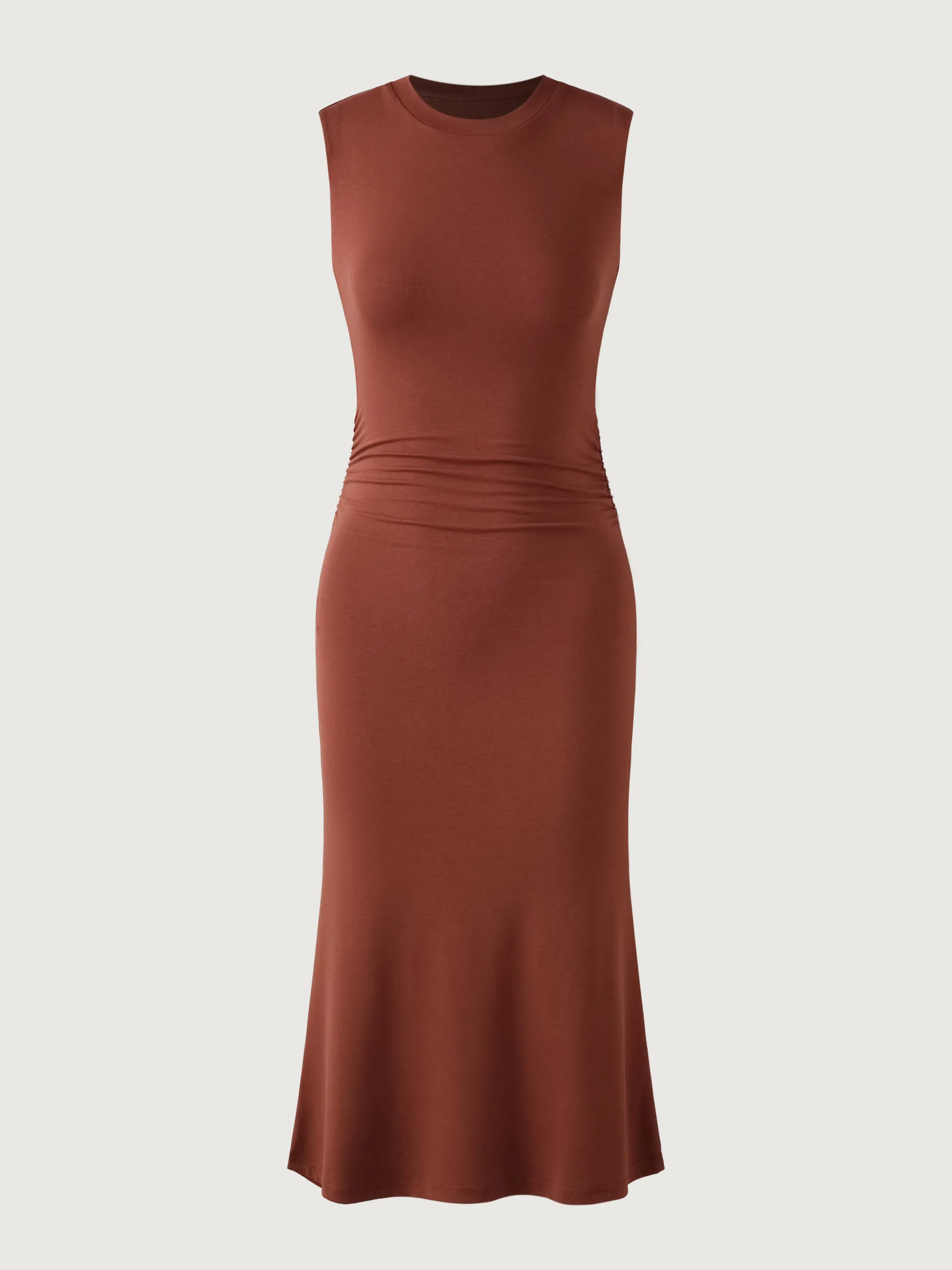 Ruched Side Wide Shoulder Crew Midi Dress