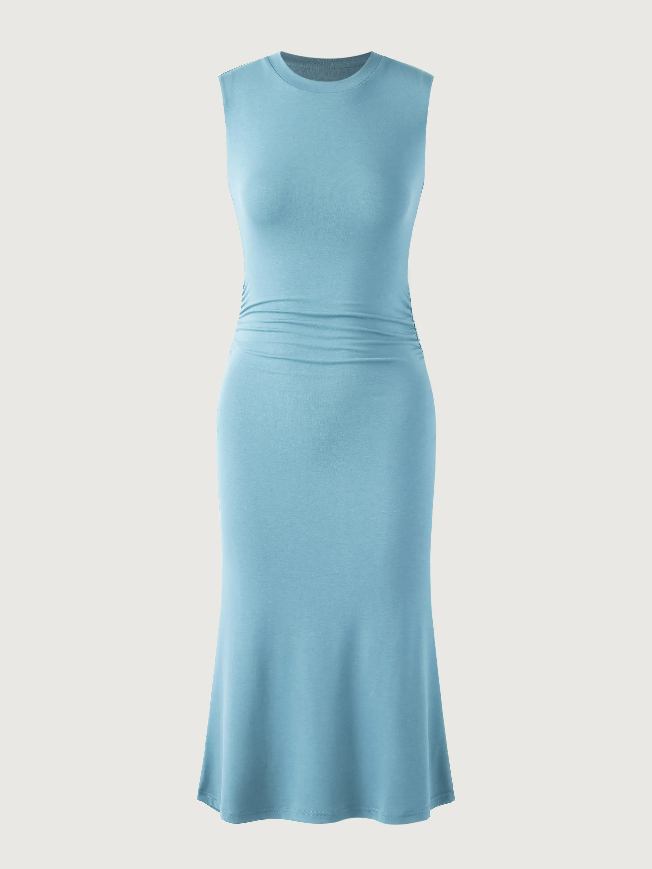 Ruched Side Wide Shoulder Crew Midi Dress