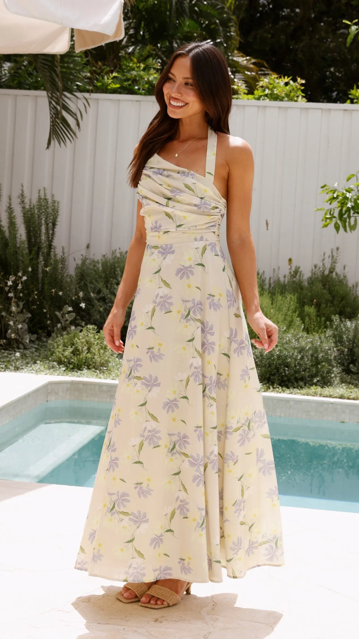 Sharya Halter Neck Maxi Dress - Lemon Floral
