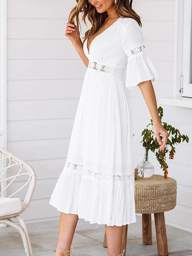 Summer Holiday Deep V-Neck White Hollow Lace Dress