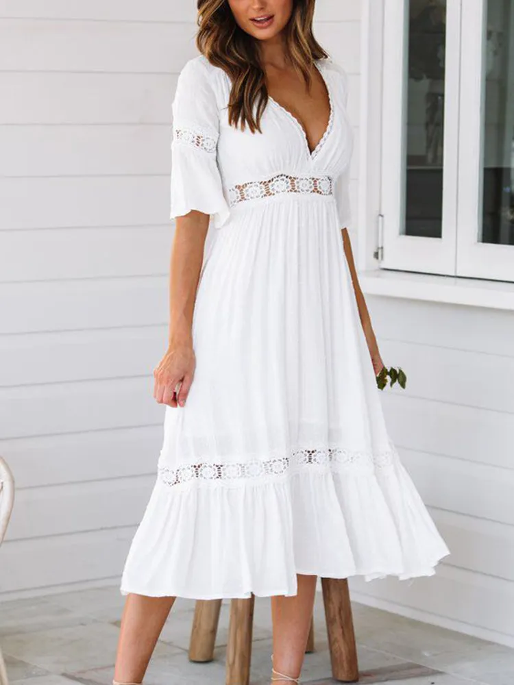 Summer Holiday Deep V-Neck White Hollow Lace Dress