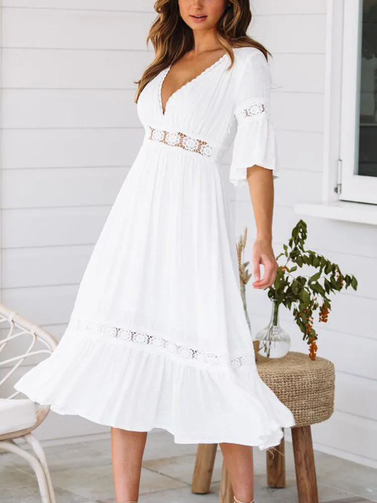 Summer Holiday Deep V-Neck White Hollow Lace Dress