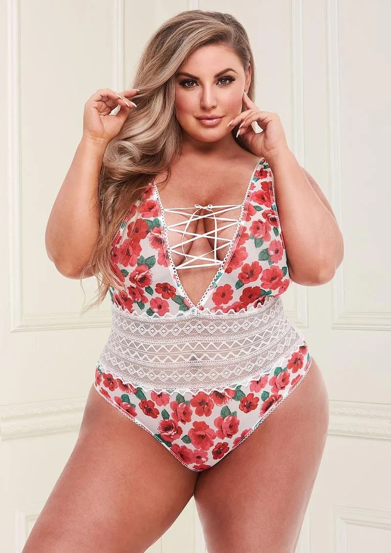White Floral & Lace Teddy With Lace-Up Front