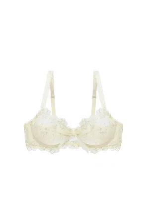 Yellow Mesh Lace Trim Tie Front Bra Lingerie