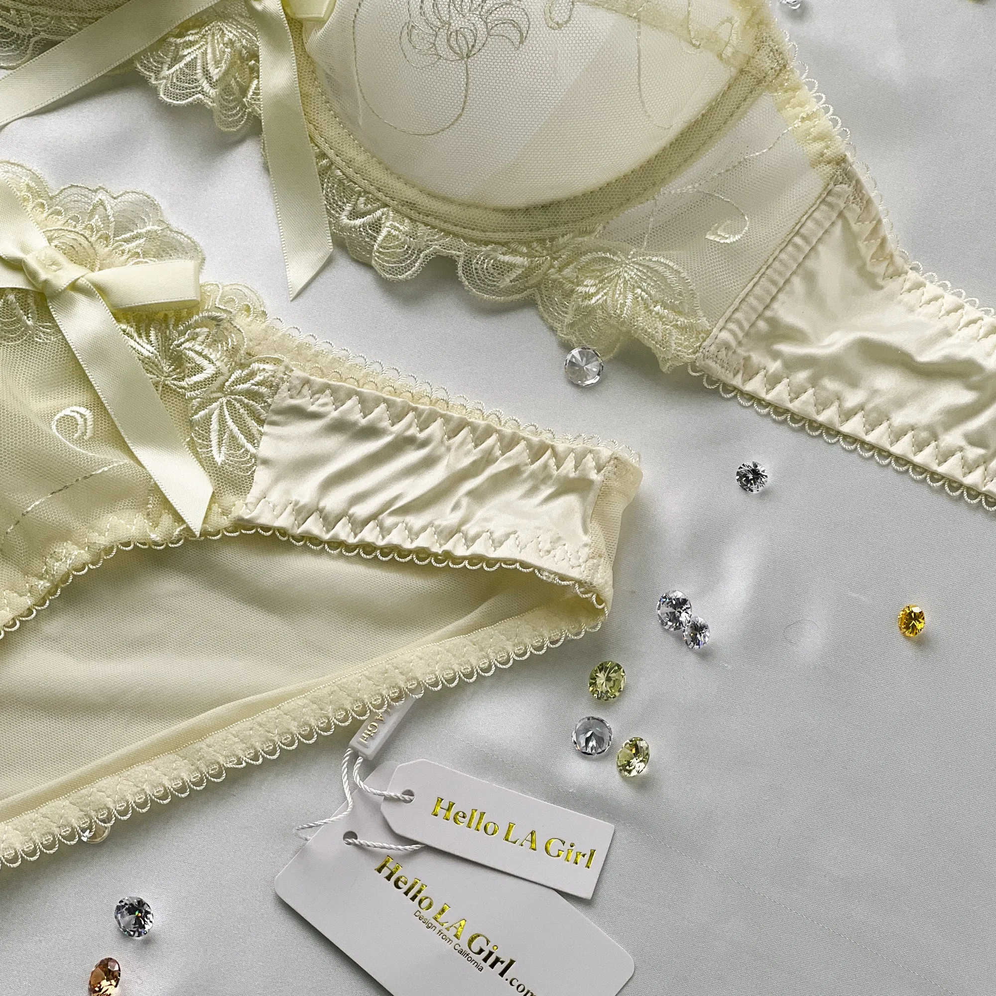 Yellow Mesh Lace Trim Tie Front Bra Lingerie