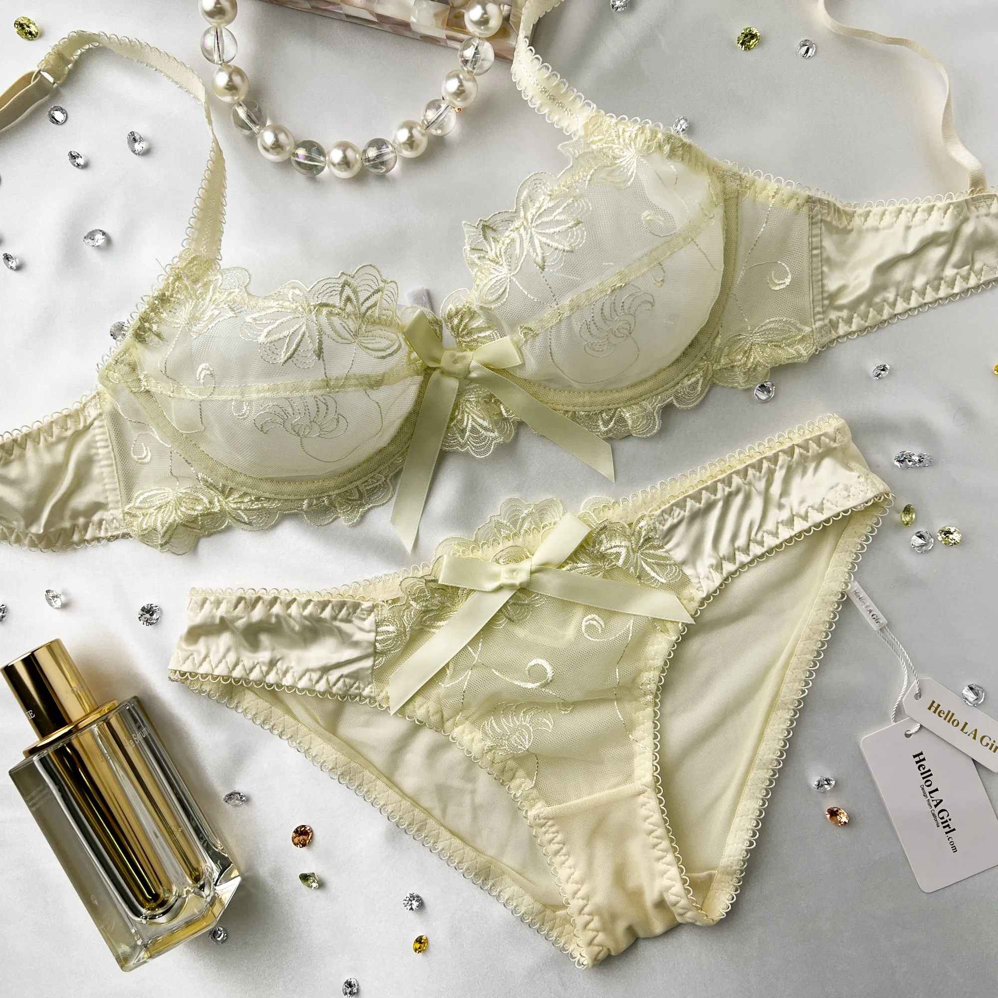 Yellow Mesh Lace Trim Tie Front Bra Lingerie