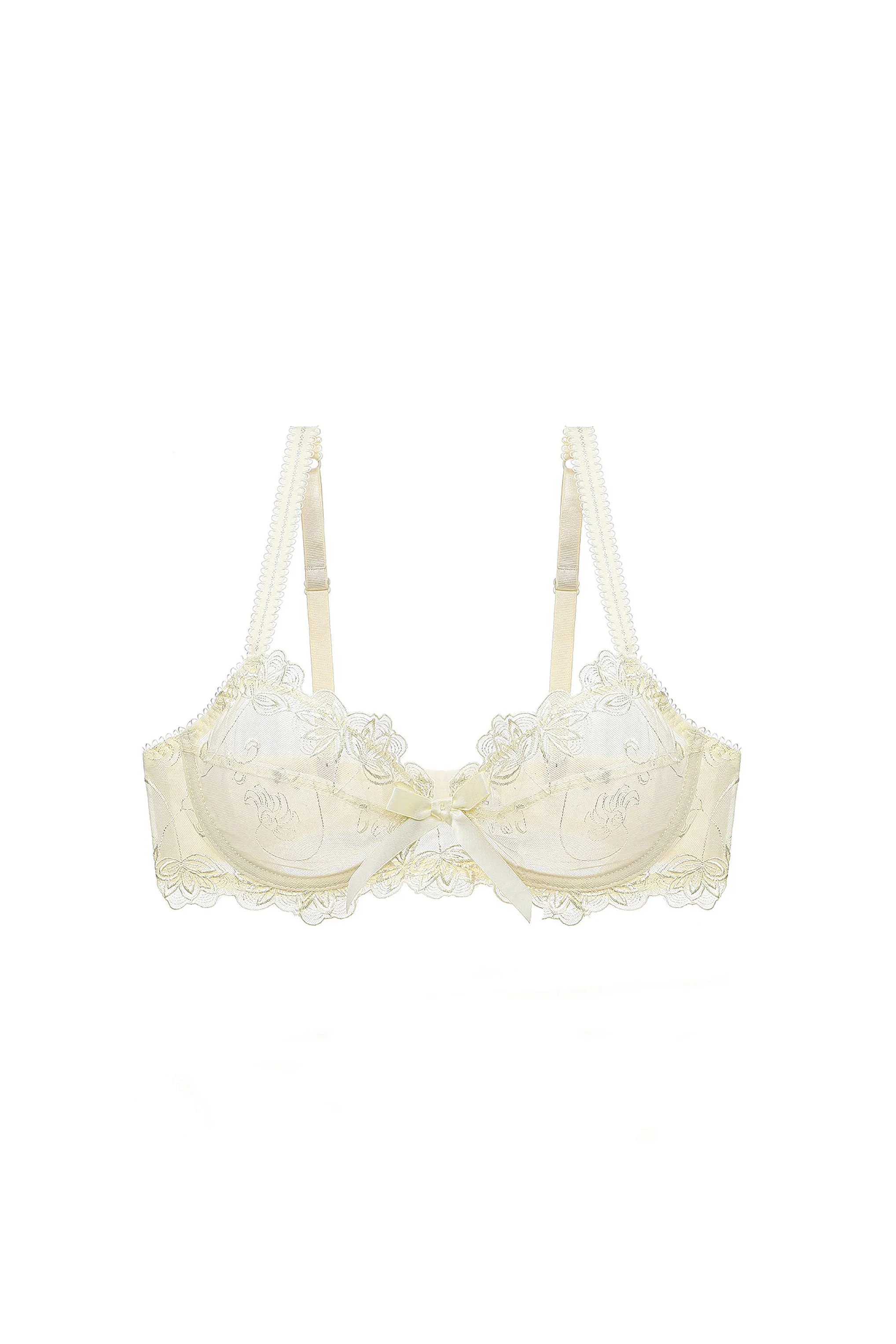 Yellow Mesh Lace Trim Tie Front Bra Lingerie